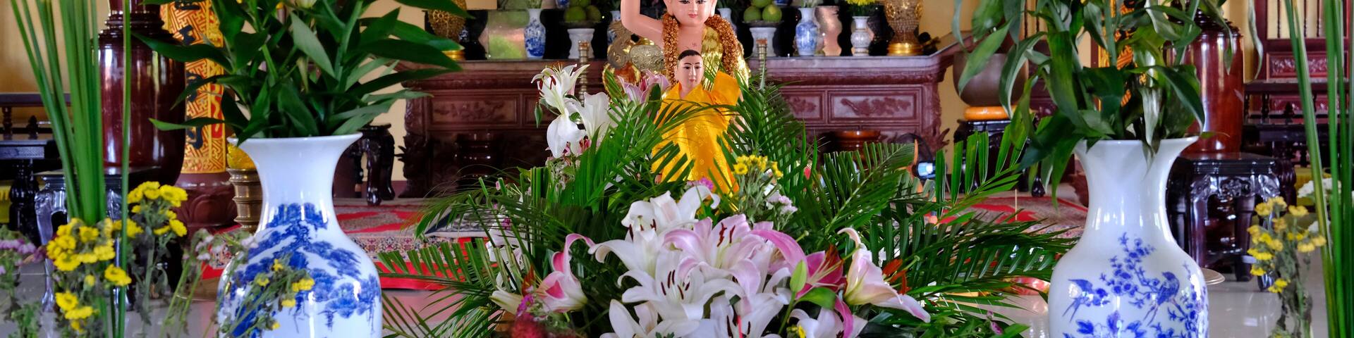 Long Duc buddhist Pagoda. Infant Buddha statue pointing the north. On Vesak Day, Buddhists commemorates: the birth, enlightenment and the death of Buddha Gautama. Tan Chau. Vietnam.