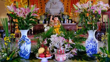 Long Duc buddhist Pagoda. Infant Buddha statue pointing the north. On Vesak Day, Buddhists commemorates: the birth, enlightenment and the death of Buddha Gautama. Tan Chau. Vietnam.