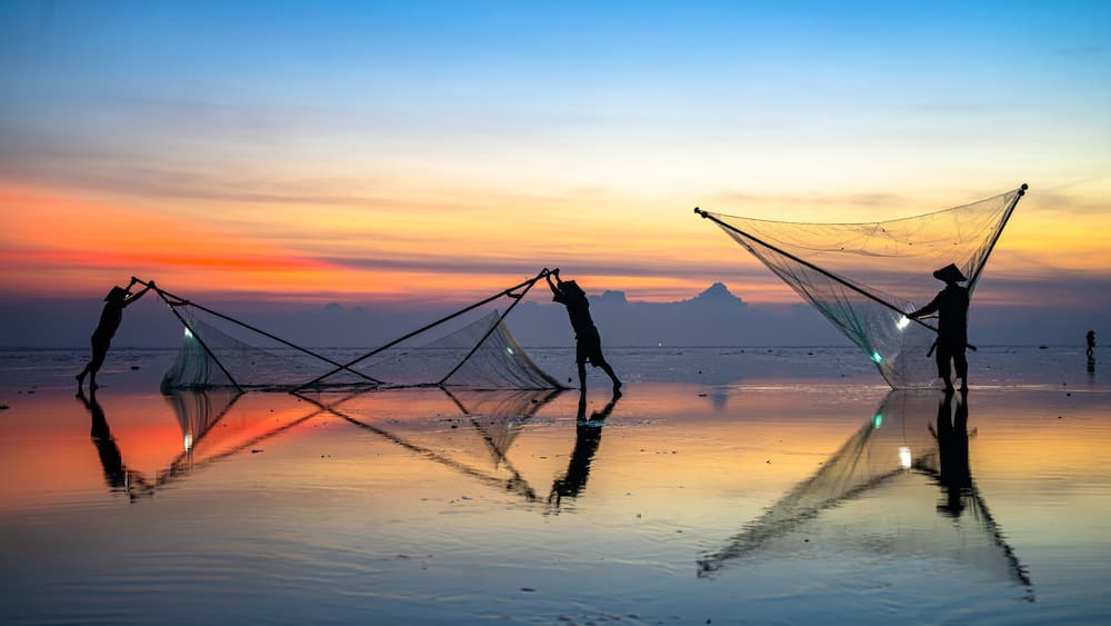 Fishermen at Quang Lang beach, Thai Binh, casting nets at sunrise. A glimpse into coastal life and daily livelihood. Photo taken on July 27, 2025.