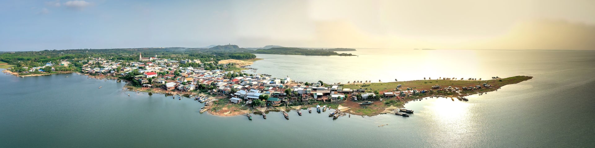 Fishermen's fishing boats are anchored at the wharf. Ben Nom village, Phu Cuong commune, Dinh Quan, Dong Nai, Vietnam