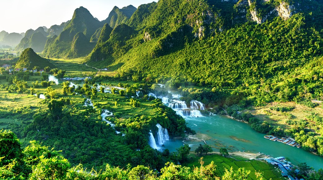 Royalty high quality free stock image aerial view of Ban Gioc waterfall, Cao Bang, Vietnam. Ban Gioc waterfall is one of the top 10 waterfalls in the world. Aerial view, Shutterstock ID 733724434,
