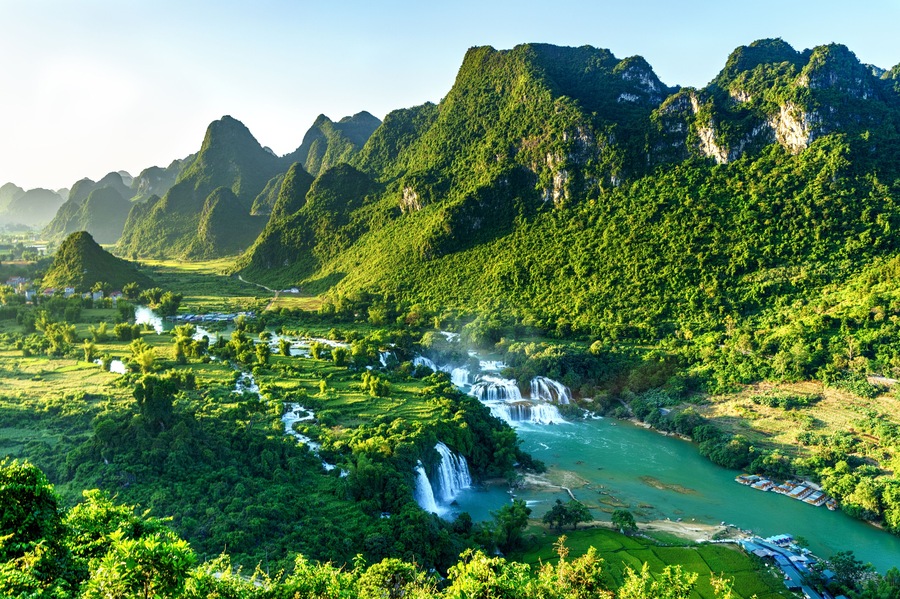 Royalty high quality free stock image aerial view of  Ban Gioc  waterfall, Cao Bang, Vietnam.  Ban Gioc  waterfall is one of the top 10 waterfalls in the world. Aerial view, Shutterstock ID 733724434,