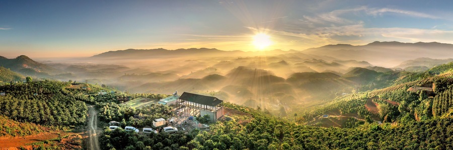 Fanciful scenery of an early morning when the sun rises over the Dai Lao mountain range, Bao Loc district, Lam Dong province, Vietnam