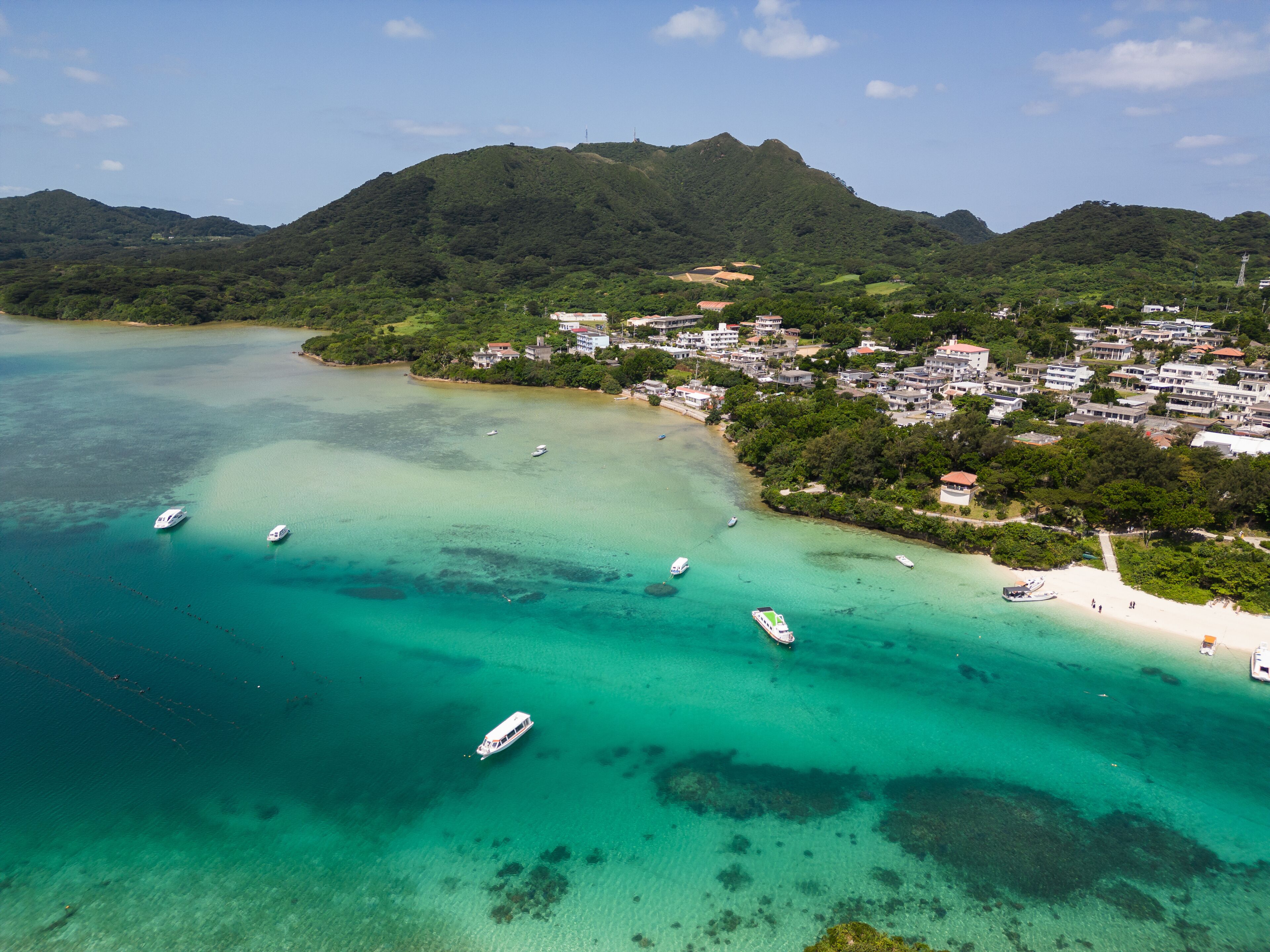 Okinawa, Japan: Aerial drone view of the stunning Kabira Bay landscape in ishigaki island in Okinawa in the Pacific ocean in Japan.
