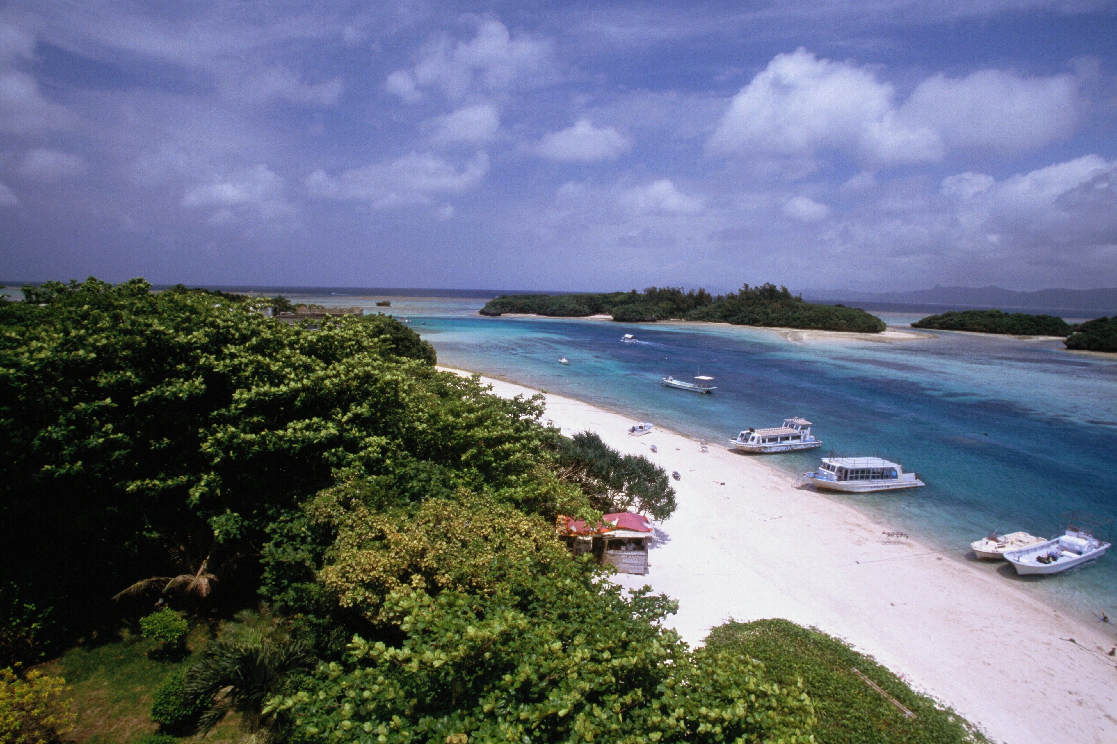 High angle view of boats on the beach, Kabira Bay, Ishigaki, Ryukyus, Japan
