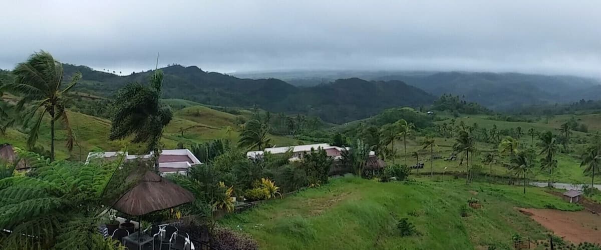 A lush green valley with scattered houses and palm trees.