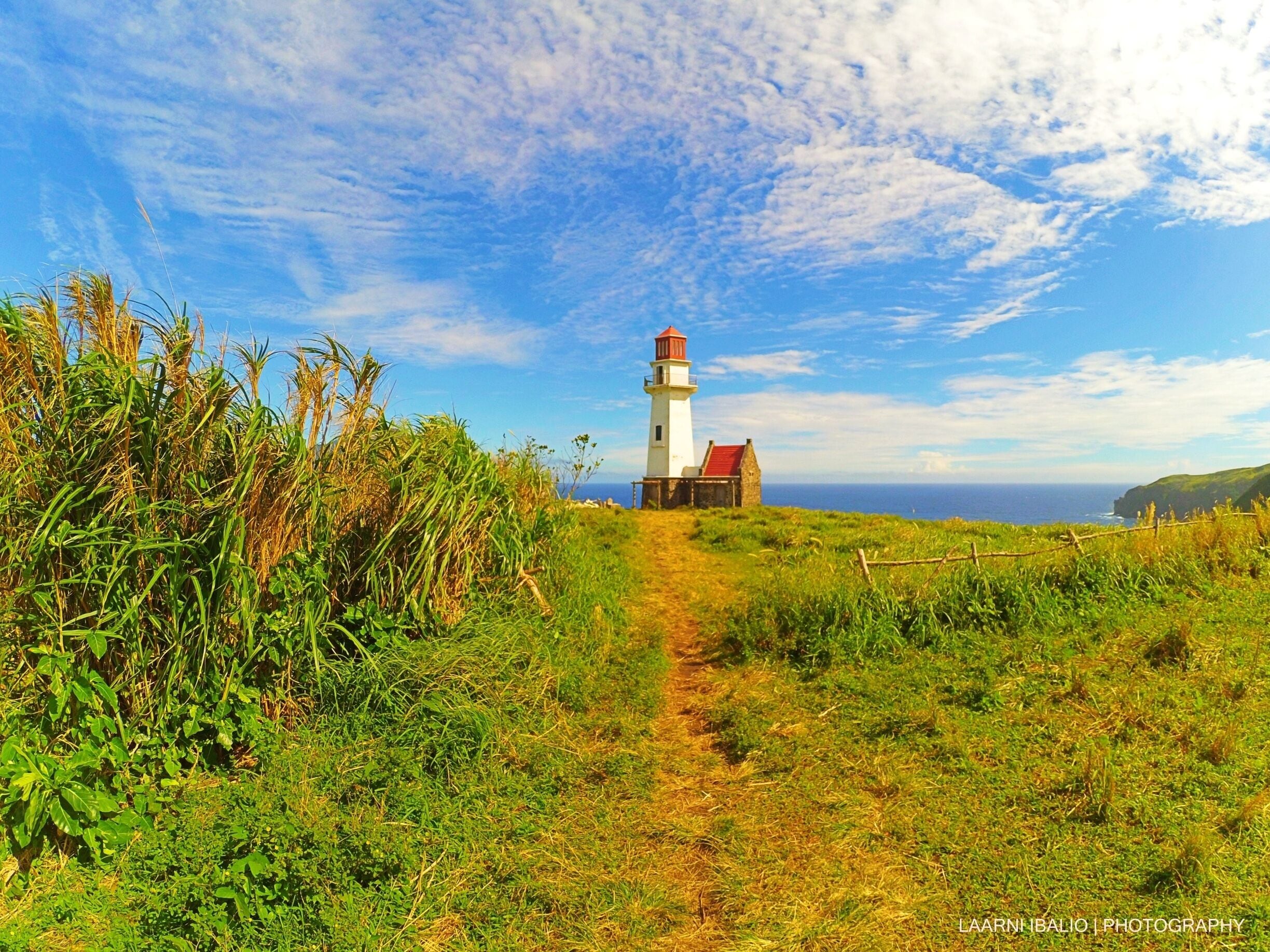 A lighthouse on a grassy path with a clear sky and ocean in the background.