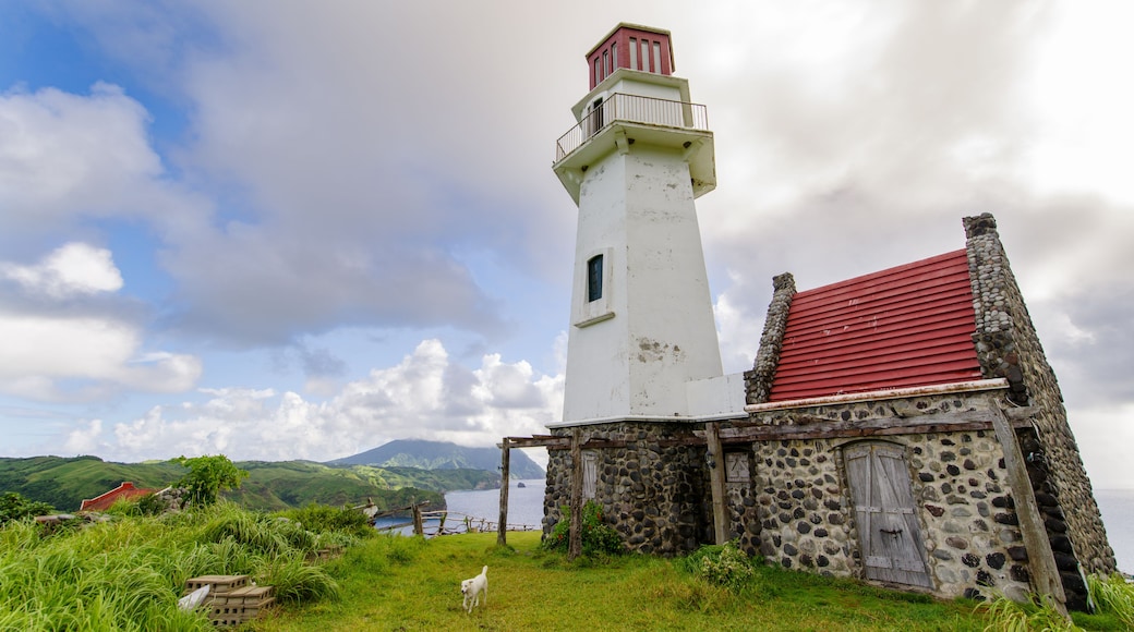 Un faro con techo rojo, un edificio de piedra con puerta de madera y un área con césped y un perro.