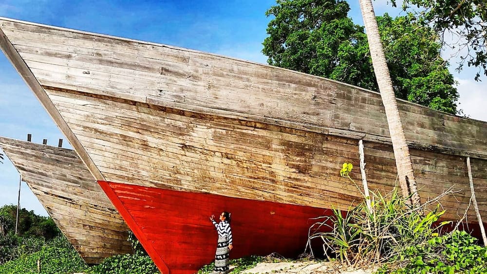 A wooden boat with a red hull resting on a sandy beach, surrounded by greenery and palm trees.