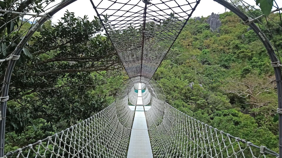 Suspended hanging bridge made from ropes