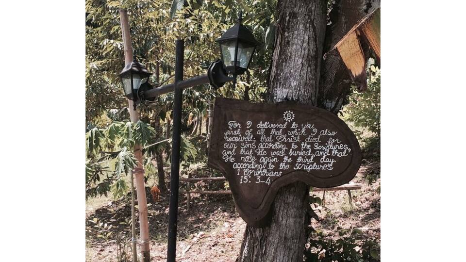 A wooden sign with a biblical verse attached to a tree.