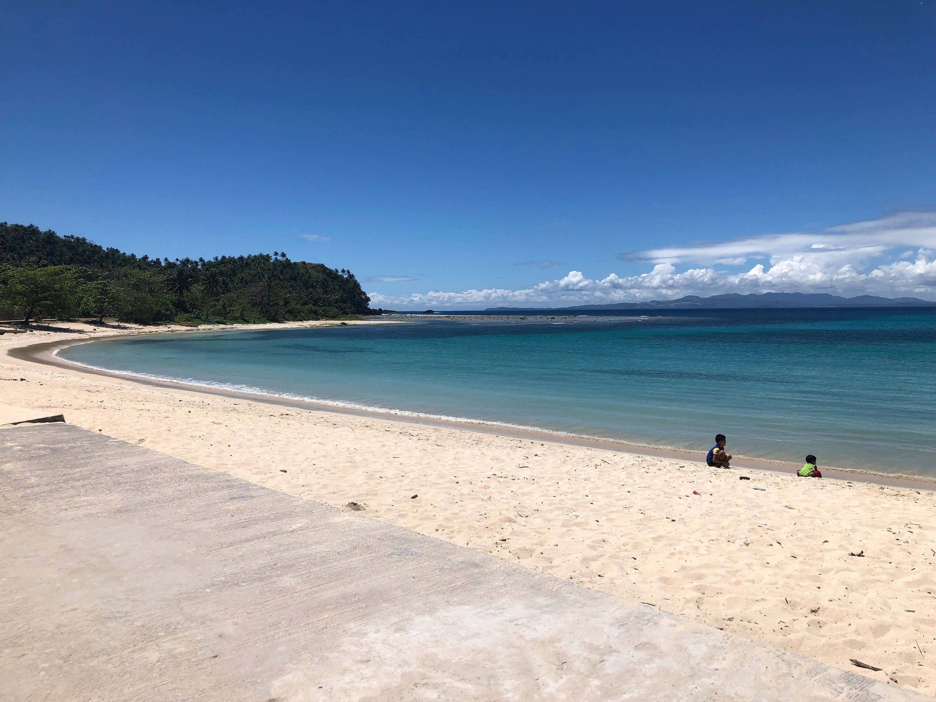 A sandy beach with clear turquoise water, a distant mountain range, and a forested hill.