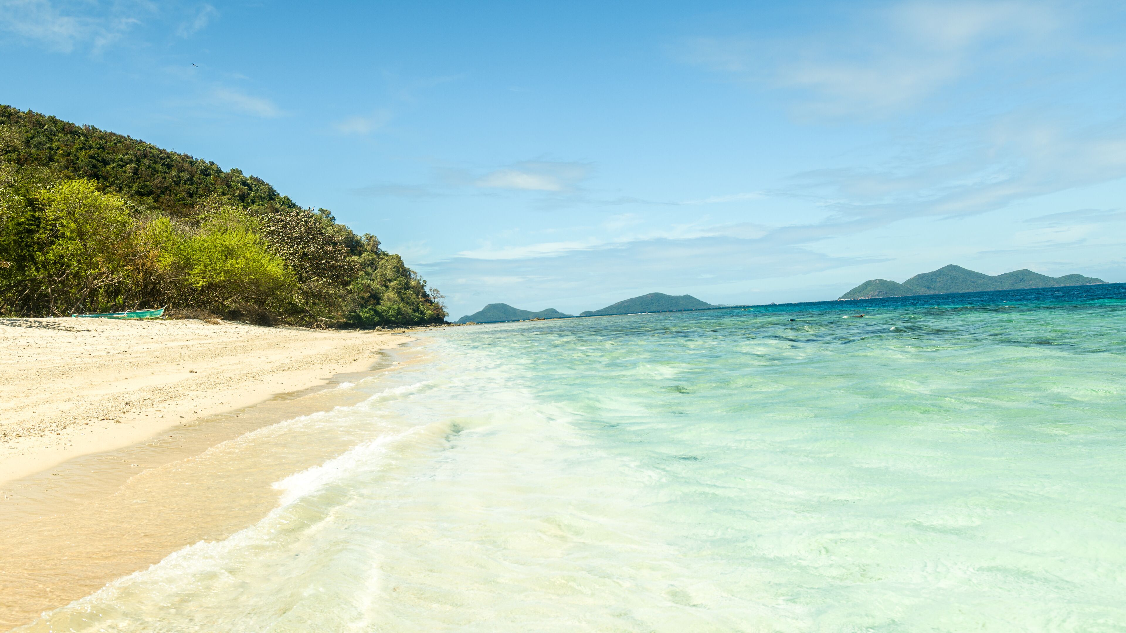 A beach with clear turquoise water, a sandy shore, and a forested hill in the background.