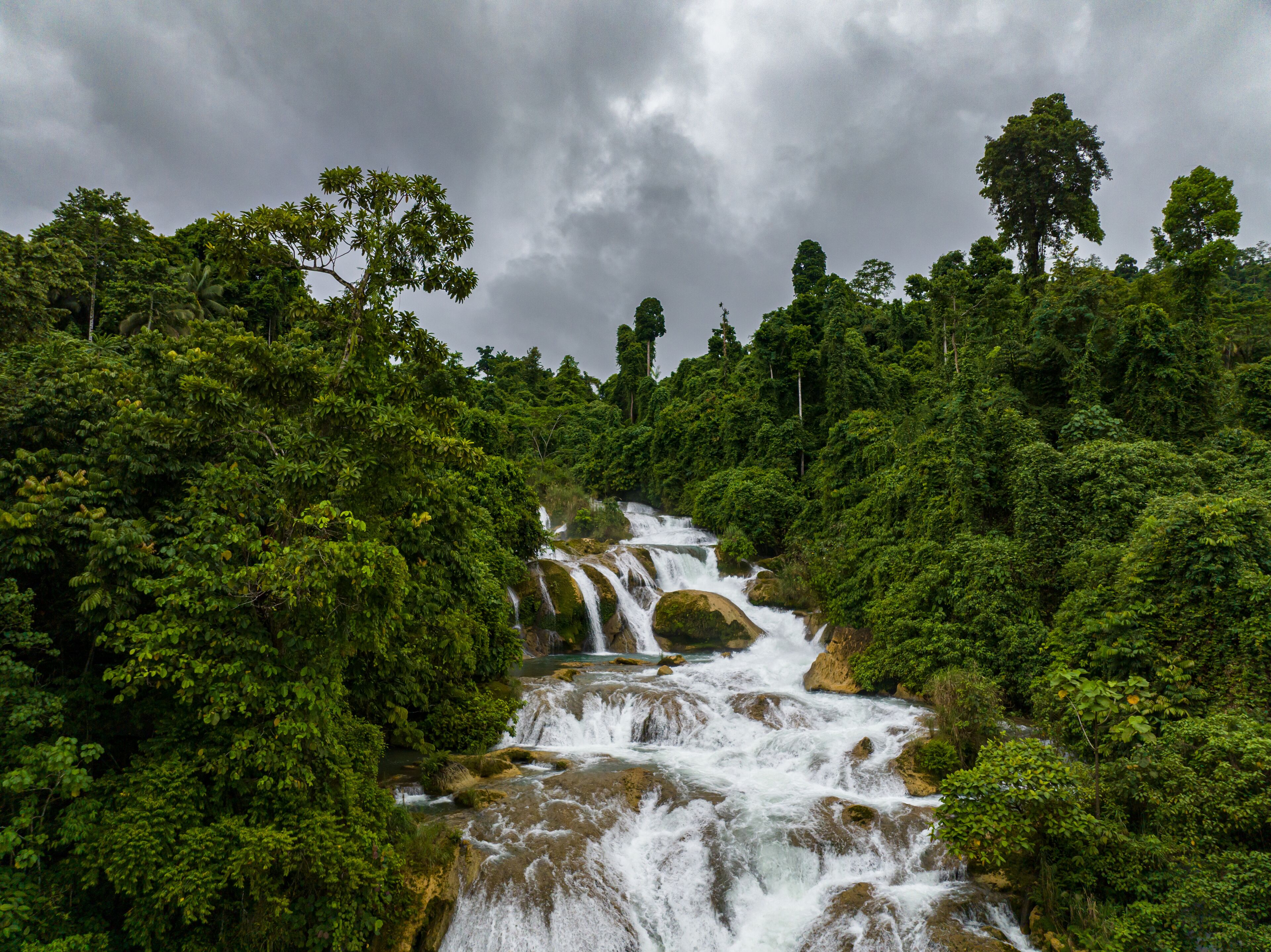 A waterfall surrounded by dense green forest.