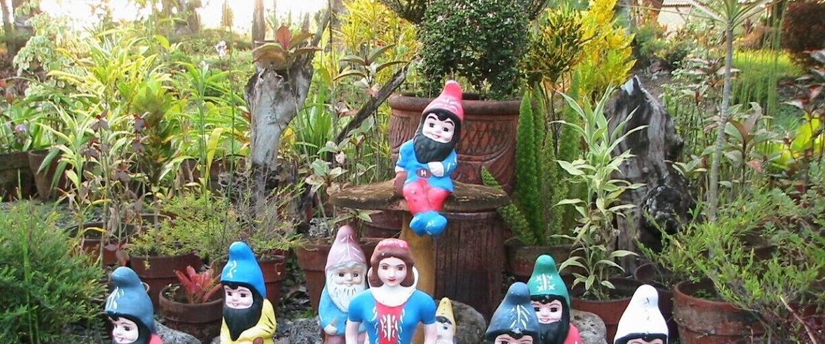 Garden gnomes and a central figure in a blue and red dress among rocks and plants.