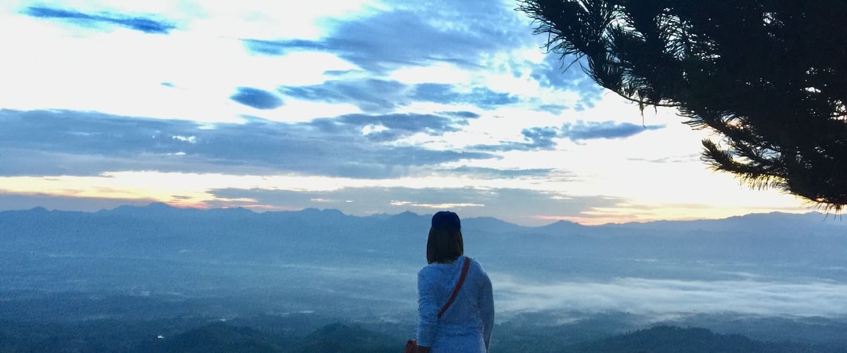 A person standing on a woven platform overlooking a mountainous landscape with a sunset in the background.