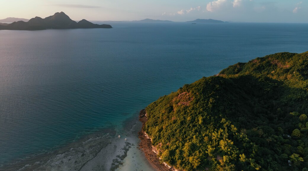 Aerial view of the turquoise waters meet the lush green hills under a pastel sky, Bagosipol Island, Concepcion, Philippines.