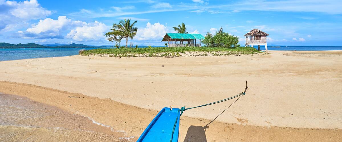 A beach with a blue boat, palm trees, and two small huts.
