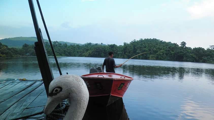A person fishing on a boat with a swan sculpture on the dock.