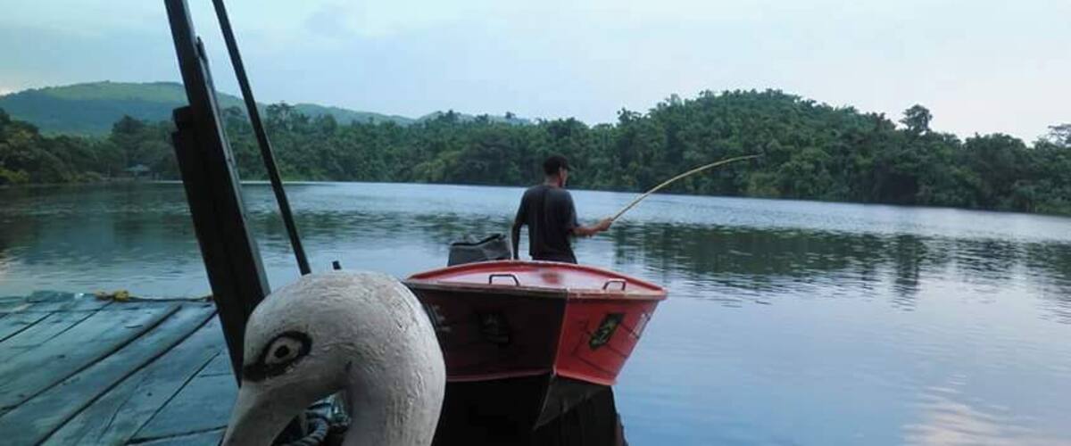 A person fishing on a boat with a swan sculpture on the dock.