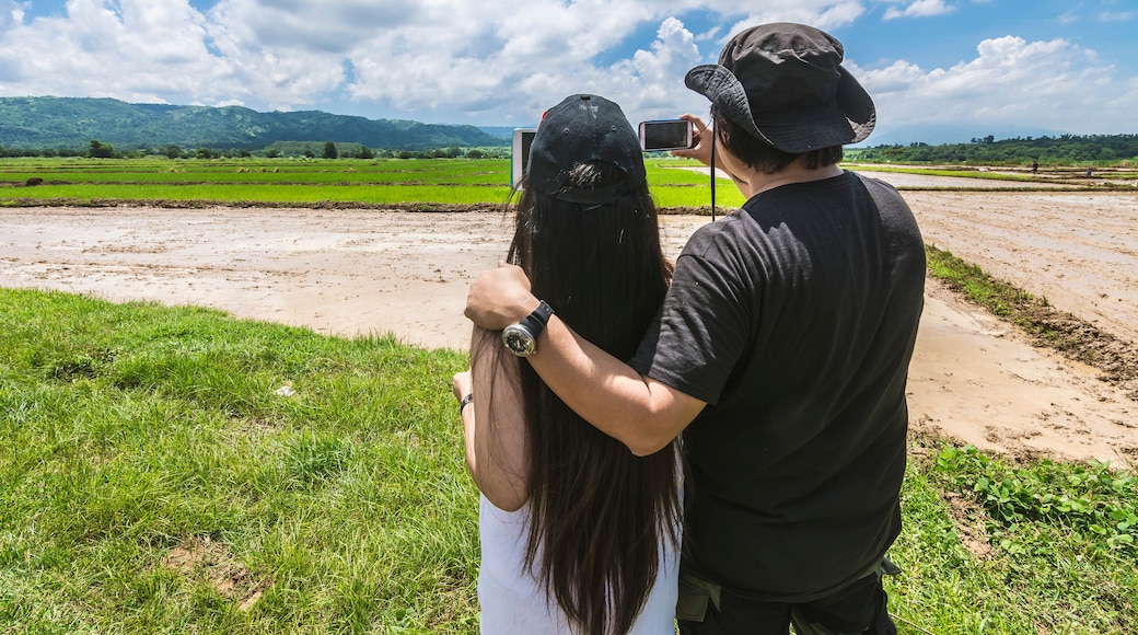 Two people embracing in a rural landscape with green fields and a mountain in the background.