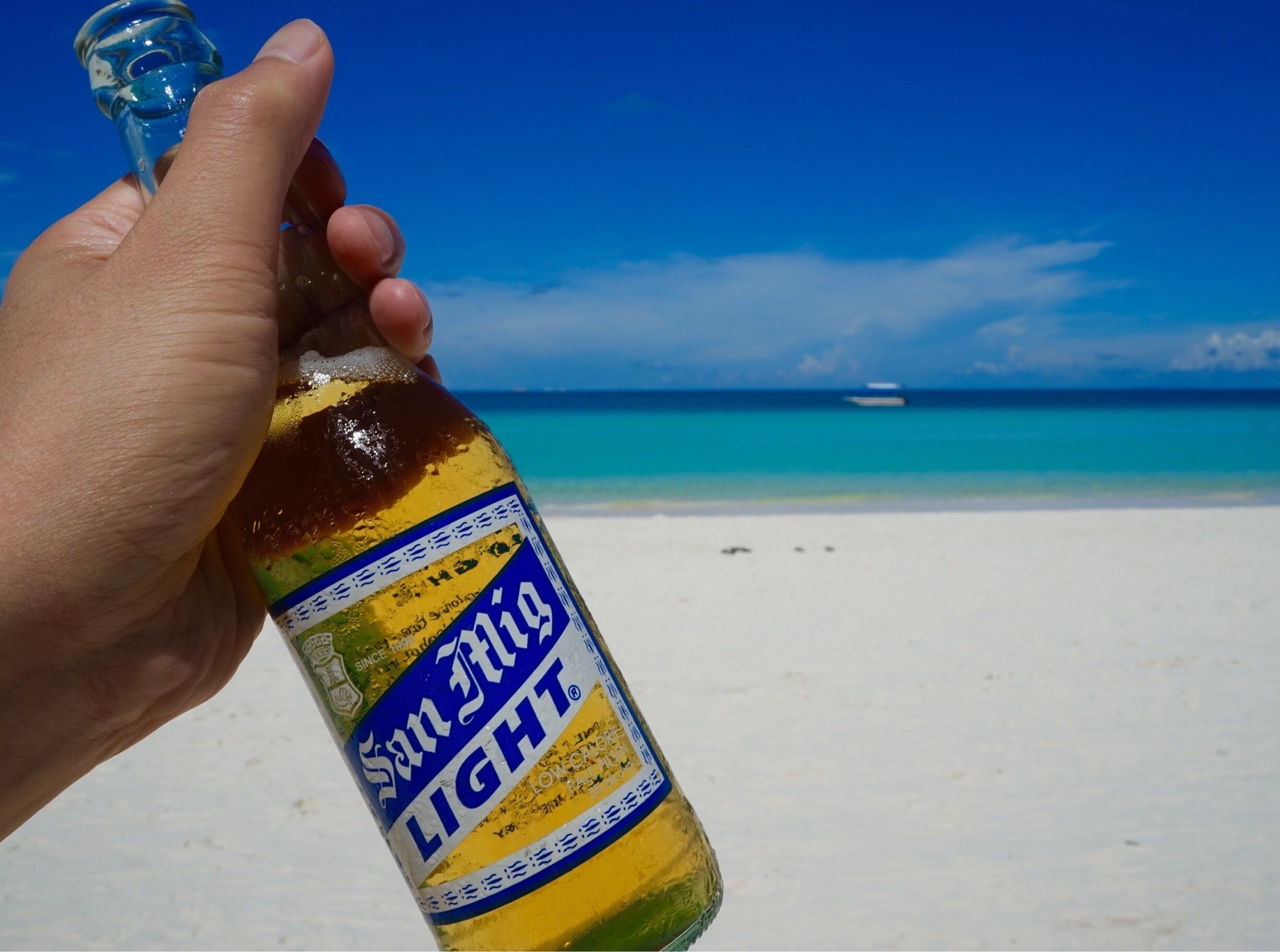 A hand holding a bottle of San Miguel Light beer with a beach and ocean in the background.