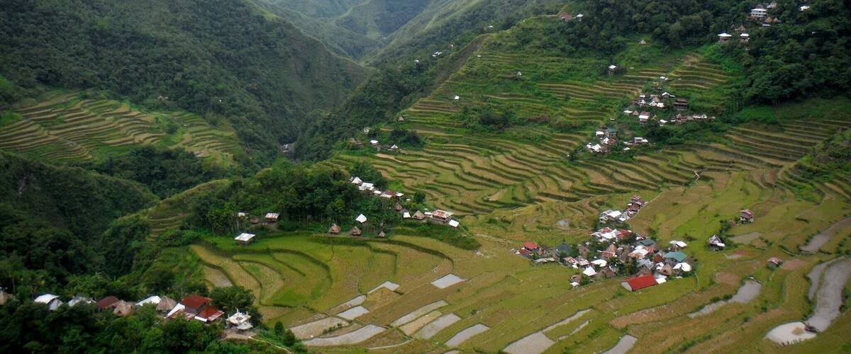 Terraced rice fields, a village, and surrounding mountains.