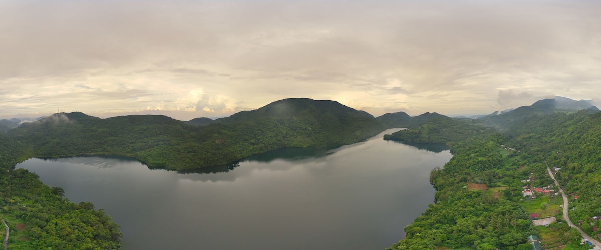 Panoramic view at Dawn over Lake Danao near Ormoc City in Leyte Philippines.