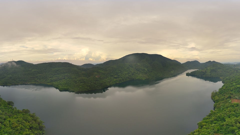 Panoramic view at Dawn over Lake Danao near Ormoc City in Leyte Philippines.