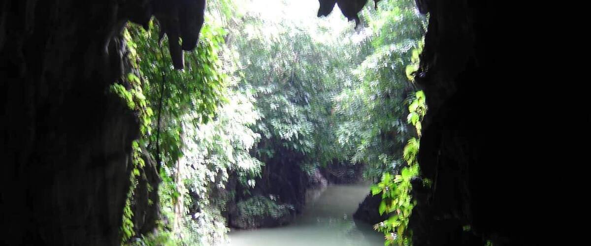 A river flowing through a rocky gorge with dense foliage on the banks.