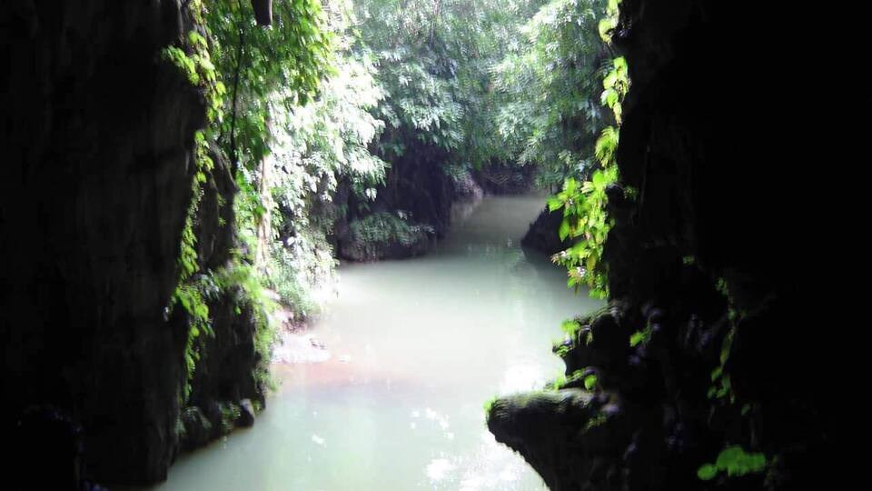 A river flowing through a rocky gorge with dense foliage on the banks.
