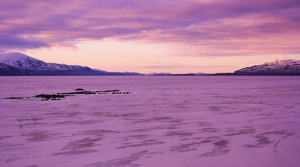 Tornetrรคsk or Torne trรคsk...
(Saami: Duortnosjรกvri, Finnish/Meรคnkieli: Tornio or Torniojรคrvi) is a lake in Kiruna Municipality, Lapland, Norrbotten County in Sweden, in the Scandinavian mountain range...
Trรคsk is the local word for lake (in Standard Swedish it means "swamp"). It is the sixth largest lake in Sweden, with a total area of 330 square kilometres (130 sq mi) and a length of 70 kilometres (43 mi). The lake drains to the south-east through Torne รคlv. South-west of the lake lie the Abisko National Park and the UNESCO World Heritage Site Laponian area...
Tornetrรคsk originated from the remnant of a glacier, which has given the lake its depth of 168 metres (551 ft), making it the second deepest lake in Sweden. It is usually ice-covered from December through June, with variations dependent on temperature variations...