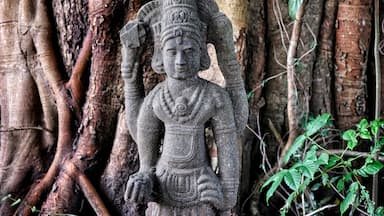 A stone statue of a seated figure with a headdress, surrounded by tree roots and foliage.