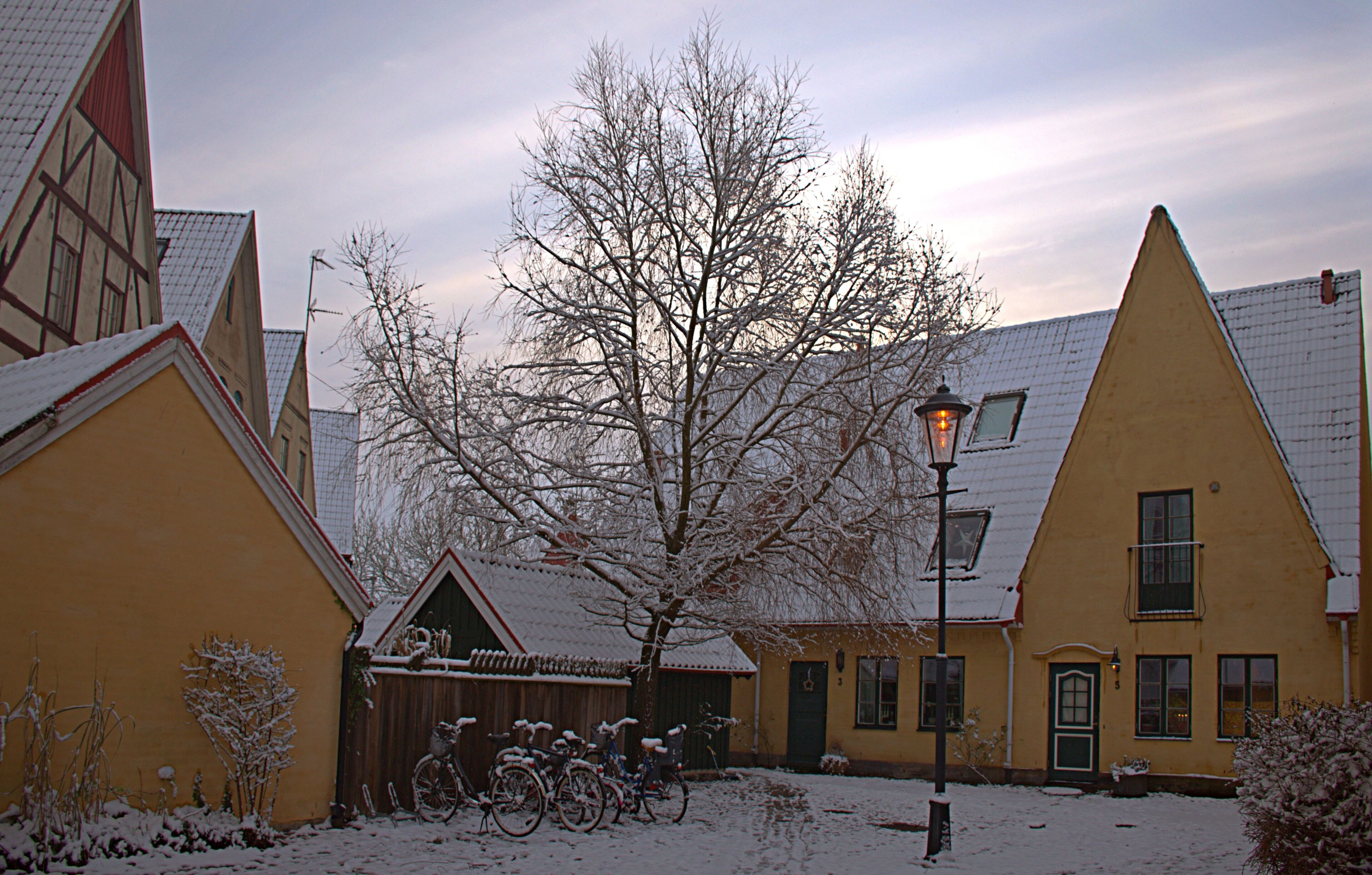 A snow-covered courtyard with bicycles, a tree, and traditional buildings.