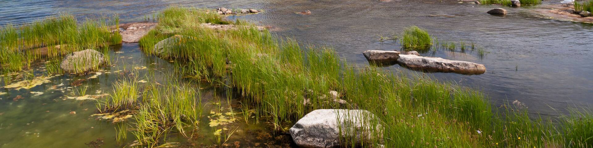 A stone building with a grassy embankment by a calm river.