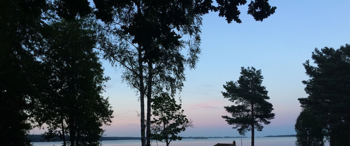 A lakeside cabin with a dock, surrounded by trees and a grassy area.