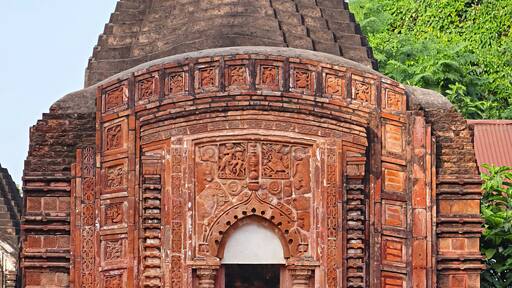 Ancient ruins of a 15th-century Lord Shiva Temple featuring garbhagriha (sanctum) and mandapa (pillared hall) in the Rajbari Temple Complex, Maluti, Dumka, Jharkhand, India.