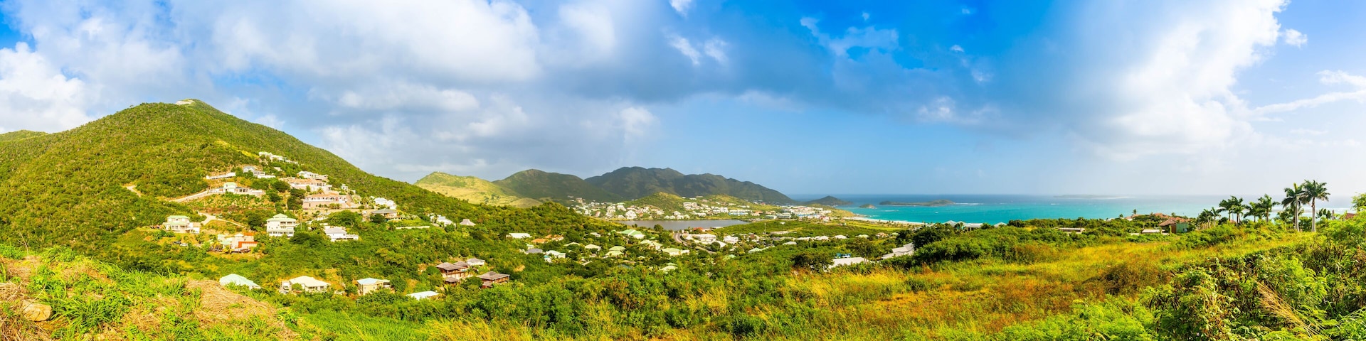 Panorama of the landscape towards the Orient Bay on the island of Saint Martin in the Caribbean