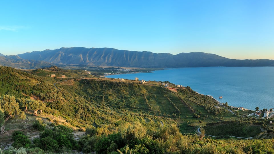 A coastal landscape with olive groves, a village, and mountains in the background.