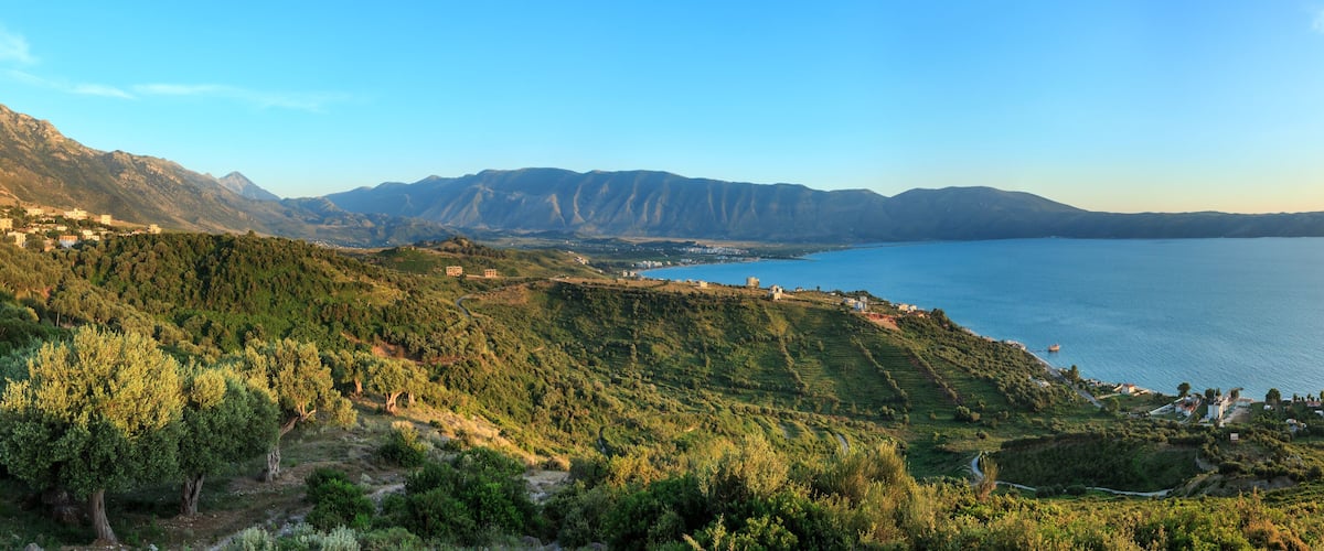 A coastal landscape with olive groves, a village, and mountains in the background.