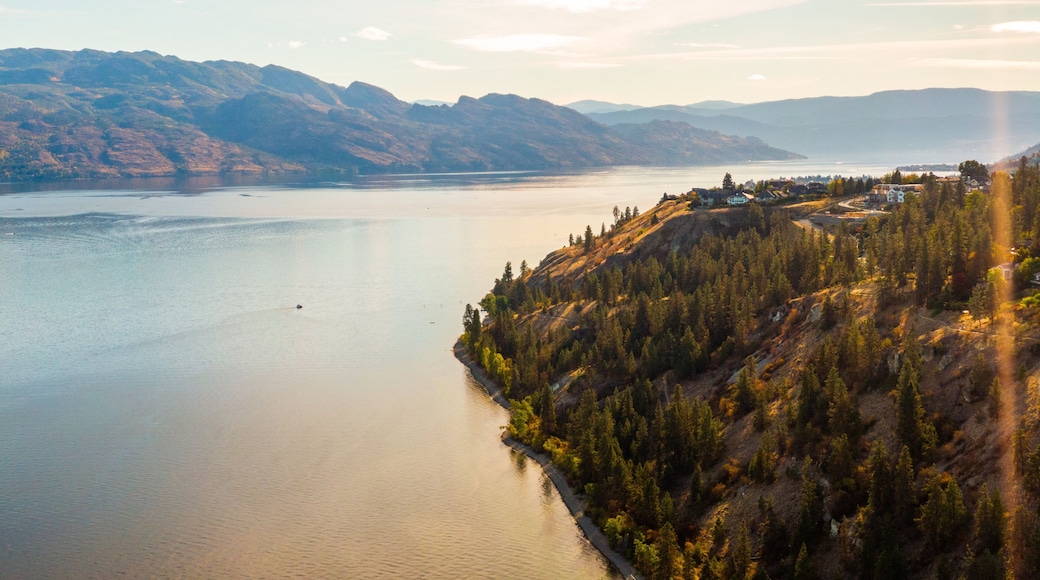 Okanagan Lake showing landscape views, a sunset and a lake or waterhole