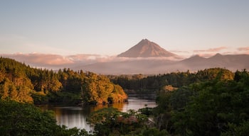 Sunset view of Mt Taranaki from Lake Mangamahoe, New Plymouth.