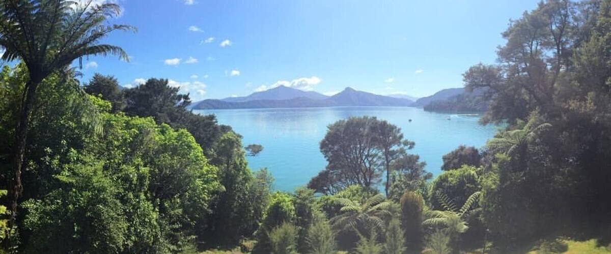 A coastal landscape with a clear blue lake, dense greenery, and distant mountains.