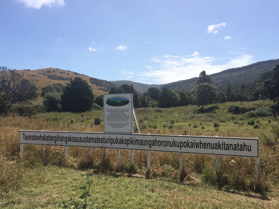 Longest place name. South of Waipukurau.
Near Porangahau in Hawke’s Bay is an unassuming hill known as "Taumata whakatangi hangakoauau o tamatea turi pukakapiki maunga horo nuku pokai whenua kitanatahu", which translates into English as "the place where Tamatea, the man with the big knees, who slid, climbed and swallowed mountains, known as 'landeater’, played his flute to his loved one." Locals simply call it Taumata Hill.
Tamatea was a famous chief and warrior. One day, while travelling through the back of Porangahau, he encountered another tribe and had to fight them to get past. During the fight his brother was killed. Tamatea was so grieved over the loss of his brother that he stayed at the battle site for some days. Each morning he would sit on the hill and play a lament on what is called the koauau or Maori flute.