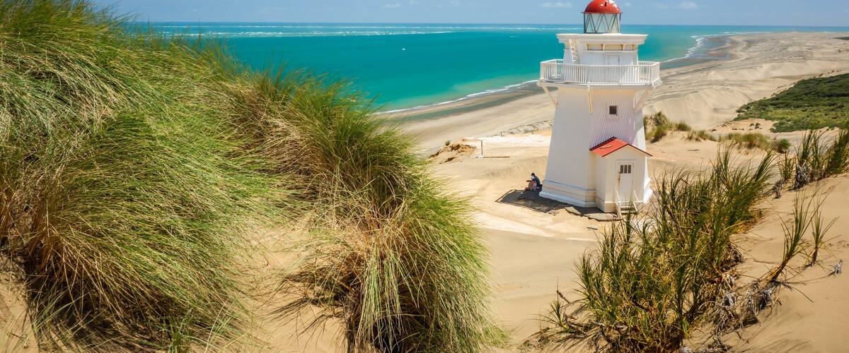 A white lighthouse with a red top, surrounded by sand dunes and coastal vegetation.