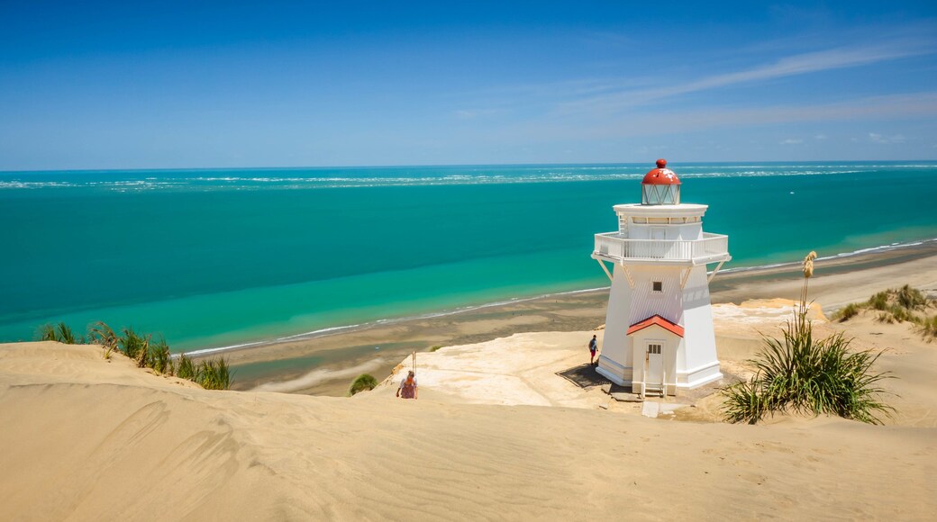Pouto featuring general coastal views, a sandy beach and a lighthouse