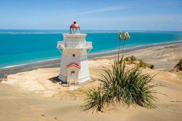 Pouto featuring a lighthouse, a sandy beach and general coastal views