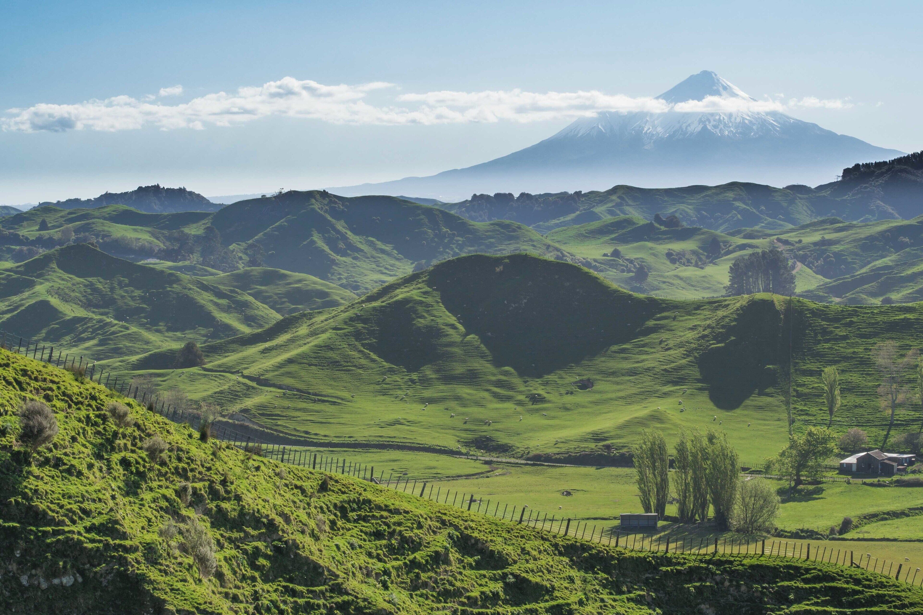 Rolling green hills, a distant mountain, and a small house.
