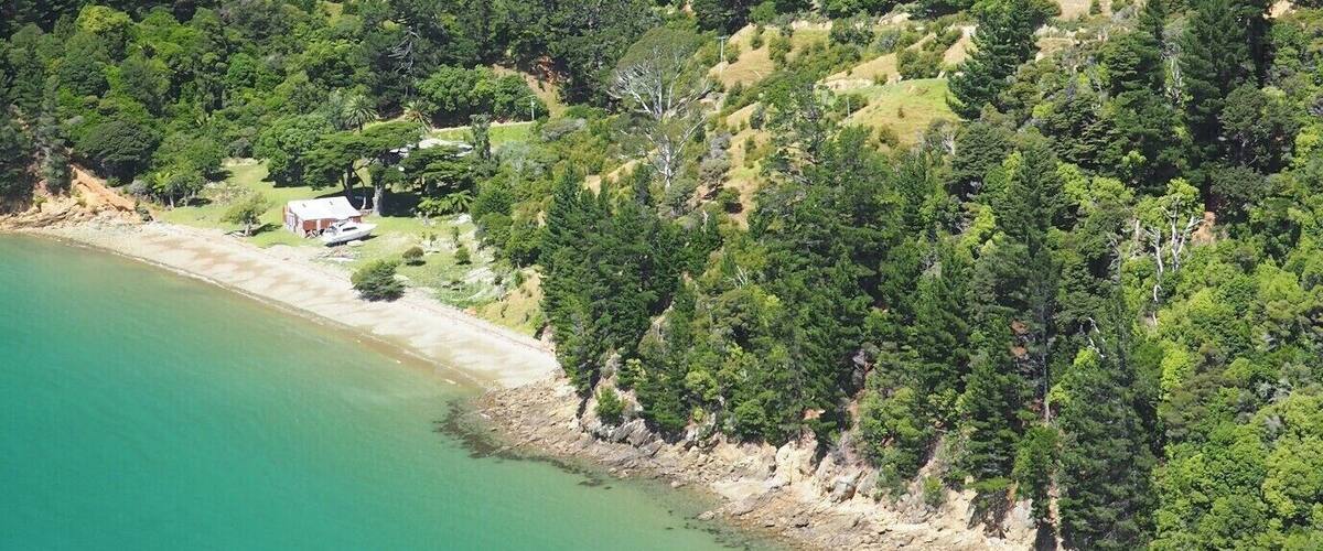 A coastal landscape with a clear turquoise sea, a small boat, dense green forest, and a hilly terrain with some red foliage.