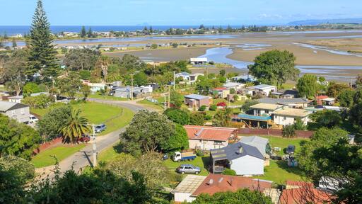 View of Little Waihi, a small coastal village near Maketu in the Bay of Plenty, New Zealand. Across the estuary is Pukehina Beach